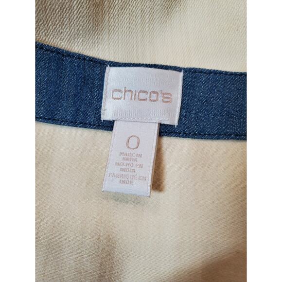 Chico's 1 Womens medium Denim Jacket Lightweight Open Front Blue Printed Sequins - Picture 4 of 8